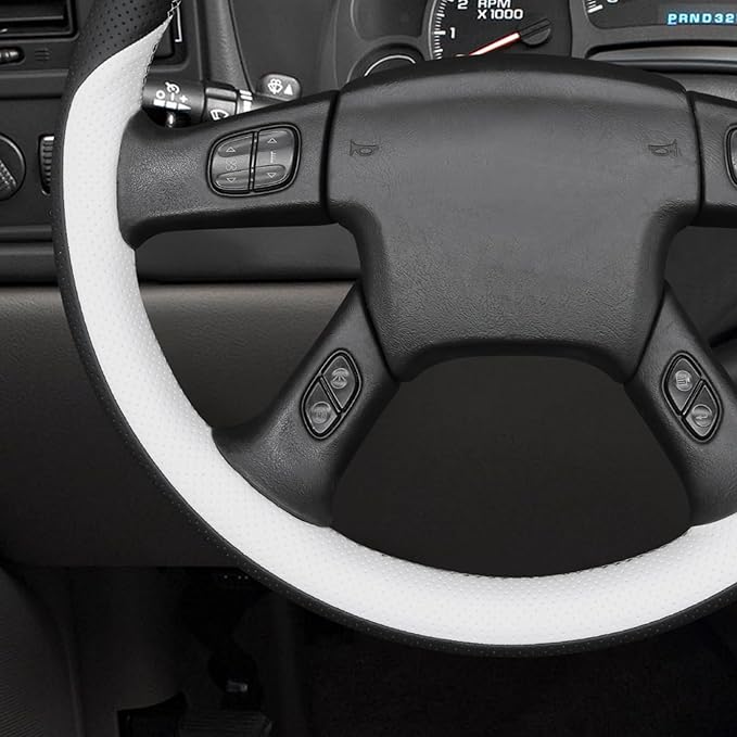 MEWANT Hand Stitch Steering Wheel Cover for Chevy Silverado 1500 2003-2006 Black White Faux Leather Steering Wheel Wrap