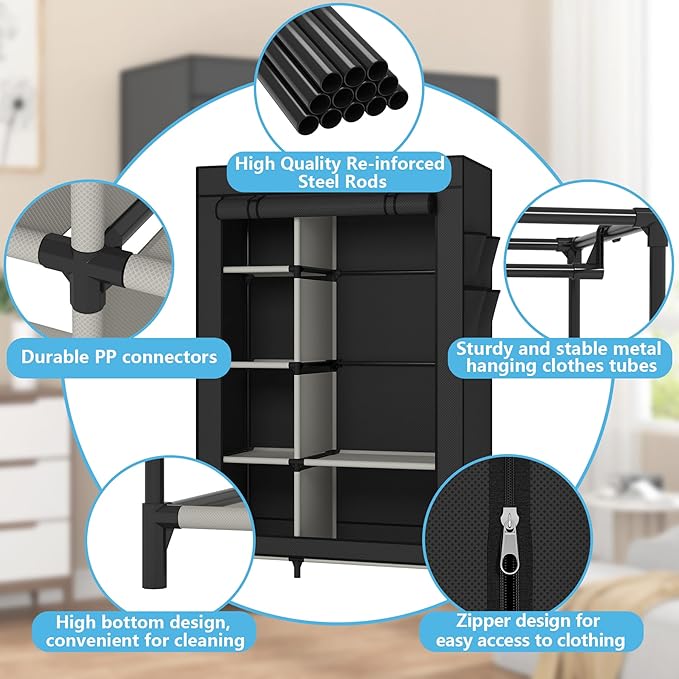 Calmootey Portable Closet, Wardrobe with 6 Shelves and Hanging Rod, Storage Organizer for Bedroom, Non-Woven Fabric Cover wit