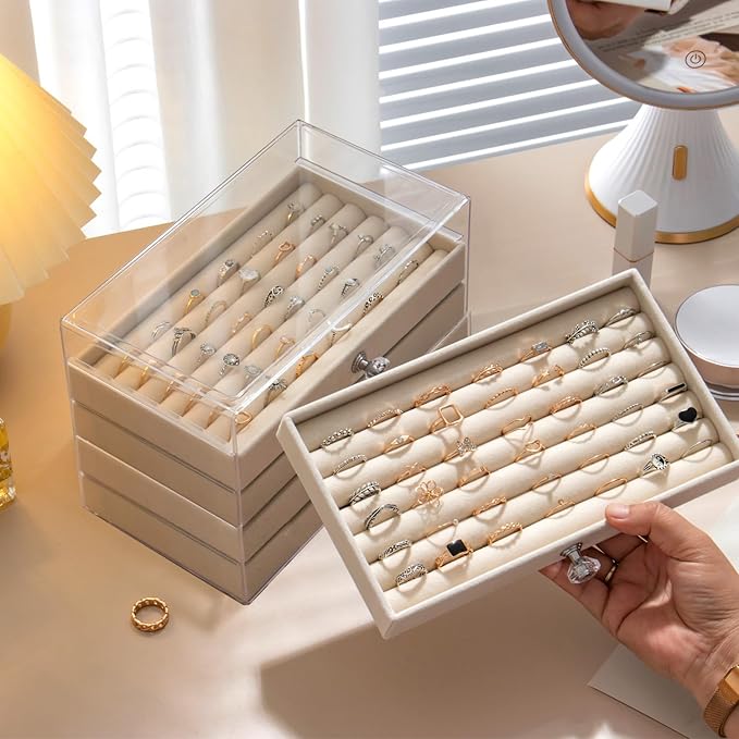 SPAKOWN Ring Box Display Holder, Clear Velvet Jewelry Storage Tray Organizer for Ring Stud Earring (Beige - 5 Drawers)