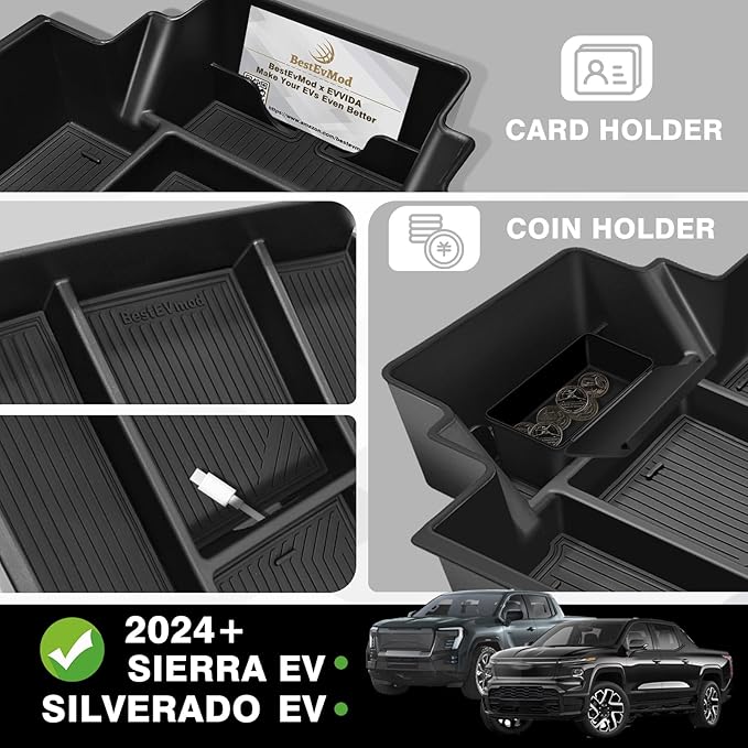BestEvMod Center Console Organizer Tray Compatible with Chevrolet Silverado EV WT RST LT/Sierra EV 2026 2025 2024 Pickup Armrest Storage Box (Top)