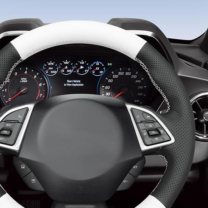 MEWANT Hand Stitched White Leather Steering Wheel Cover Wrap for Chevrolet Camaro 2017-2022 Steering Wheel Accessories for Chevrolet Camaro 2017-2022