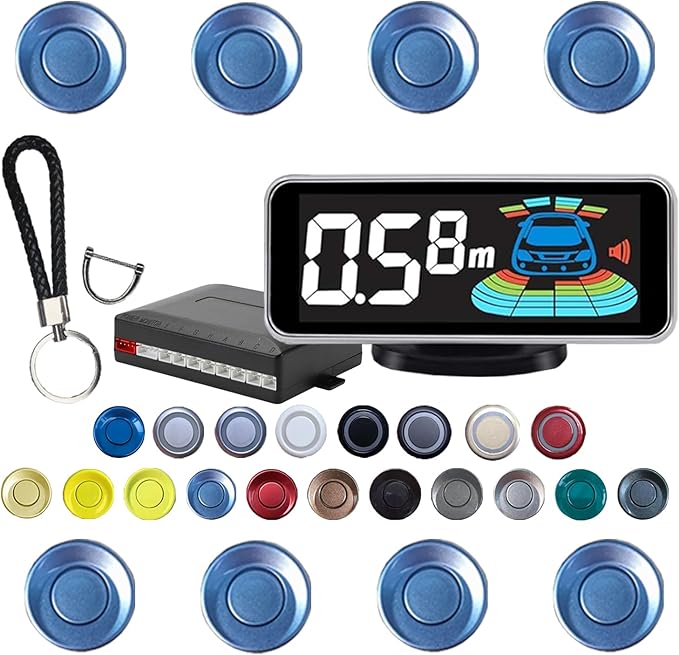 Backup Parktronic System Car Auto Vehicle Reverse with 8 Parking Sensors kit, LCD Display, Distance Detection (Meter/Foot Switchable), Buzzer Alarm and Voice Prompt Function（Light Blue）