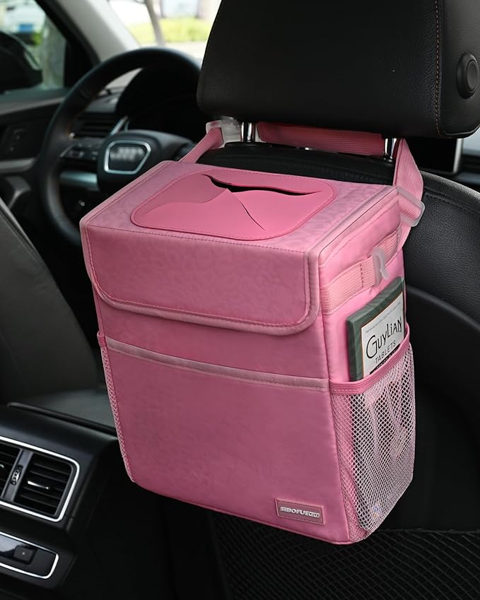 Car Trash Can Cute - Multifunctional Interior Car Accessory for Women, Car Organizer and Storage with Adjustable Straps, Car Stuff Storage 2 Gallons (Leopard-Print Pink)