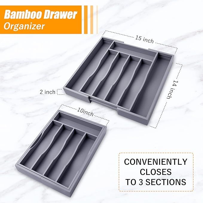 Kitchen Silverware Drawer Organizer and Storage Bamboo Wood Cooking Utensil Holder Cutlery Knife Jewelry Spice Rack Spoon For