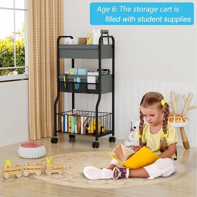 3-tier Baby Diaper Caddy Organizer and Storage Cart with 4+3 Dividers, Metal Utility Cart with Lockable Wheels for Nursery, B