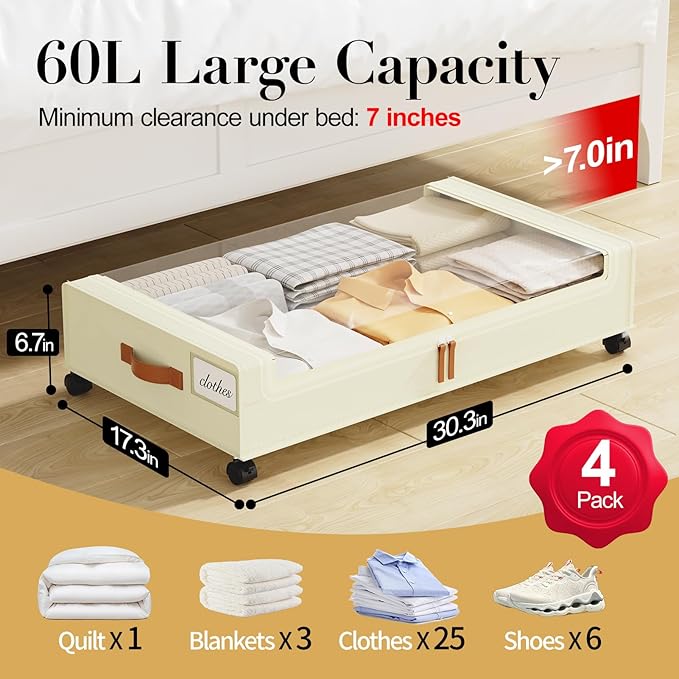 Yecaye Under Bed Storage with Wheels, 4 Pack Under the Bed Storage Containers with Lids & Label, XXL 60L Rolling Underbed Sto