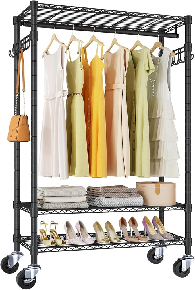 VIPEK R3 Heavy Duty Garment Rack with Lockable Wheels, Portable Rolling Closet with Adjustable Shelves & Hanging Rod & Side H