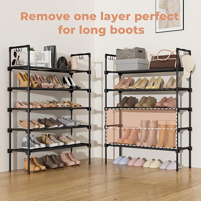 LANTEFUL 5 Tier Shoe Rack for Closet Shoe Organizer with 5 Hooks, Long Shoe Shelf Storage for Shoe and Boot Stackable Free St