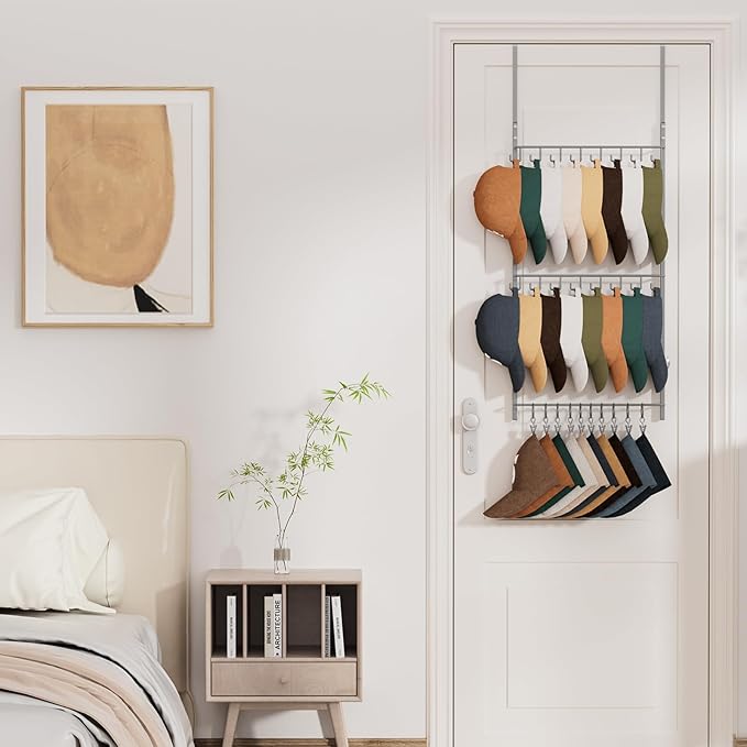 HapiRm Over Door Hat Rack - 3 Tier Wall Mounted Hat Organizer with 16 Hooks and 10 Movable Clips, Cap Hanger Storage up to 26