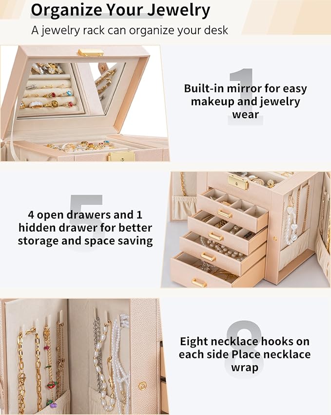 AKOZLIN 5-Tier Jewelry Box Leather Jewelry Storage Organizer with 4 Drawers Lockable for Women Girls Ring Necklace Earring Br