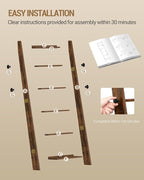 Hzuaneri Blanket Ladder for Living Room, Decorative Quilt Rack with 4 Removable Hooks, 6-Tier Blanket Ladder Shelf for Bedroo
