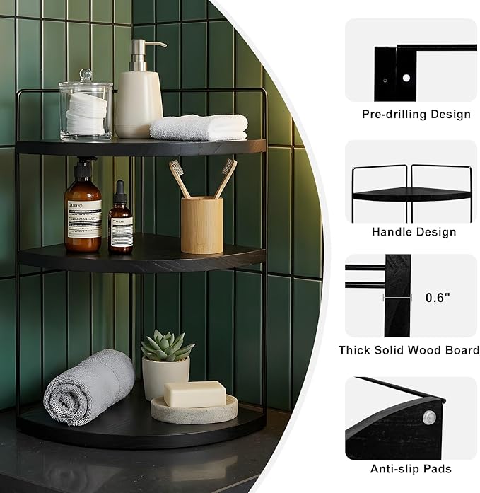 Corner Bathroom Counter Organizer Countertop Black, 2 Pack 3 Tier Corner Shelf Wood Vanity Tray Easy Assembly Space Saving Sh