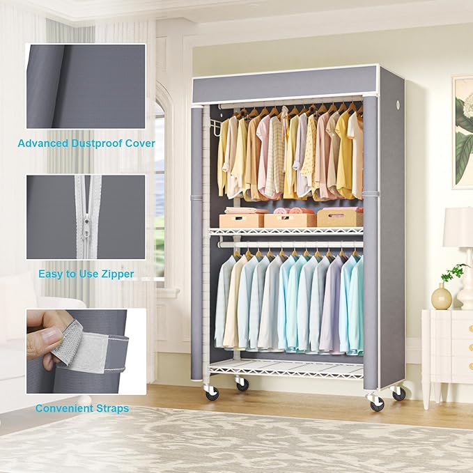 FUTASSI White Clothing Rack with Grey Cover, P1C Rolling Closet Rack with Wheels, Metal Garment Rack for Hanging Clothes, Clo