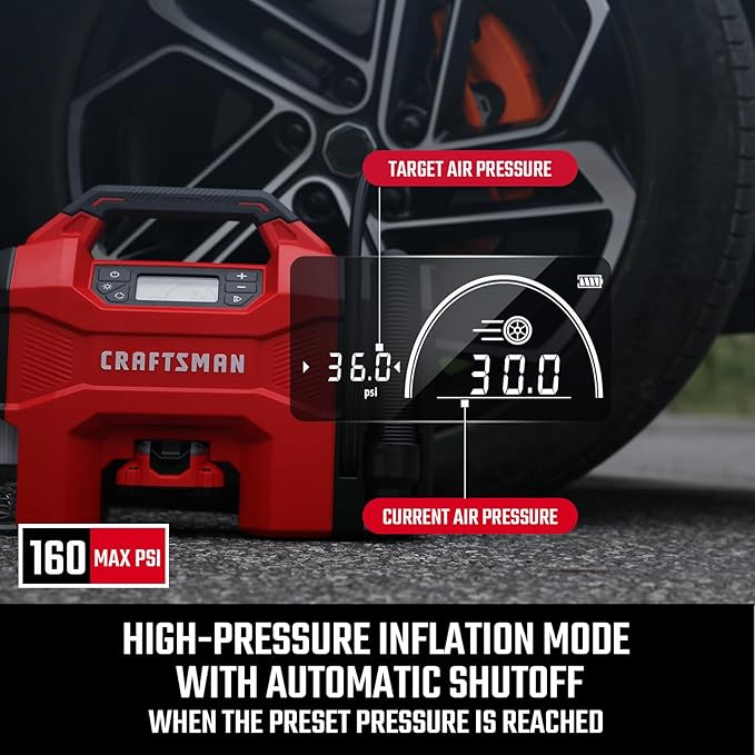 CRAFTSMAN Inflator/Vacuum/Blower 3-IN-1,Tire Inflator Portable Air Compressor with LED Light,Quiet Car Vacuum or Blower, 160 PSI for Car RV Truck,12V DC Corded and 20V DC Cordless,Tool Only