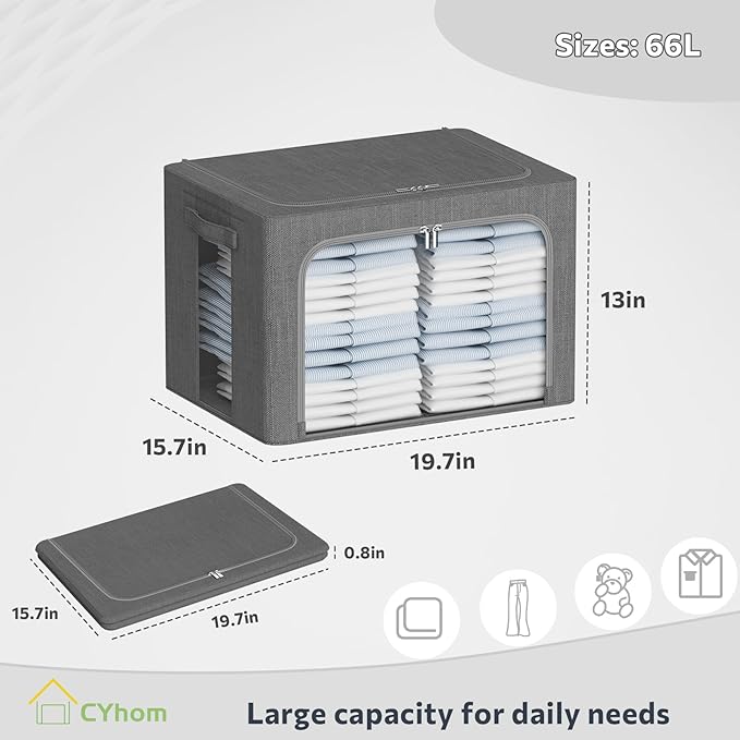 CYhom Clothes Storage Bins Box - Linen Fabric Foldable Stackable Container Organizer Set with Clear Window & Carry Handles & 