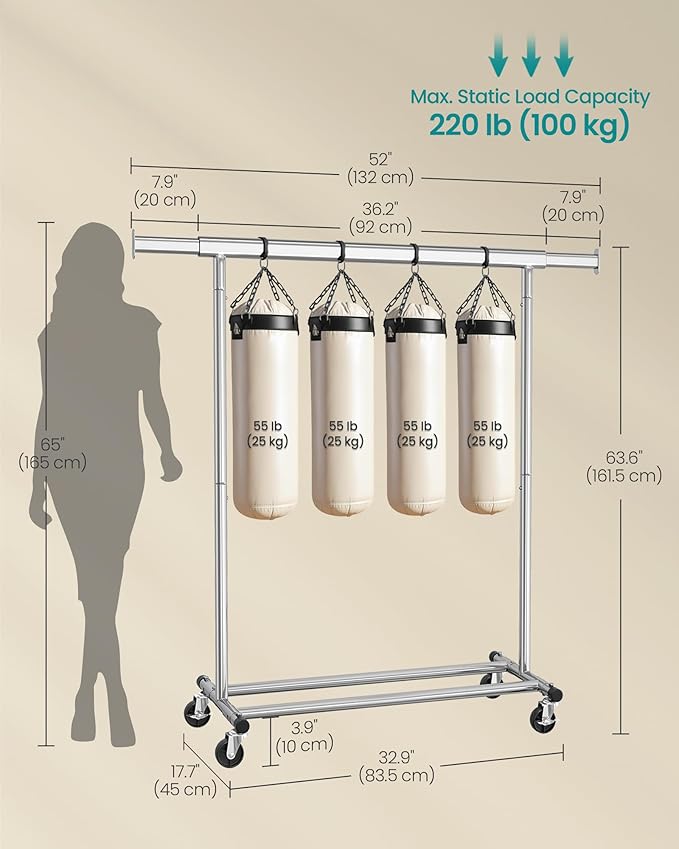 SONGMICS Clothes Rack with Wheels, Heavy-Duty Clothing Rack for Hanging Clothes, Portable, 17.7 x (36.2-52) x 63.6 Inches, wi