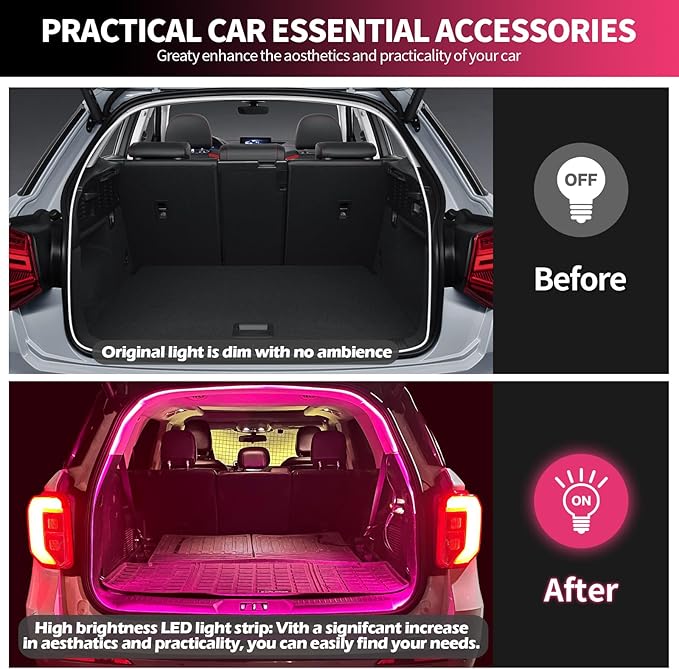 HOLDCY Car LED Strip Lights - Trunk Cargo Ambient Lighting, Pink 10000K, 118.11 inches Flexible Cuttable LED Light Strip, Easy Install, Waterproof, Universal Fit for Car Trunks, SUVs, and Vans