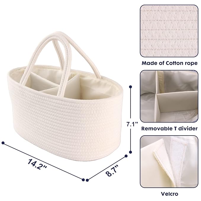 Baby Diaper Caddy Organizer for Girl Boy Cotton Rope Nursery Storage Bin Basket Portable Holder Tote Bag for Changing Table C