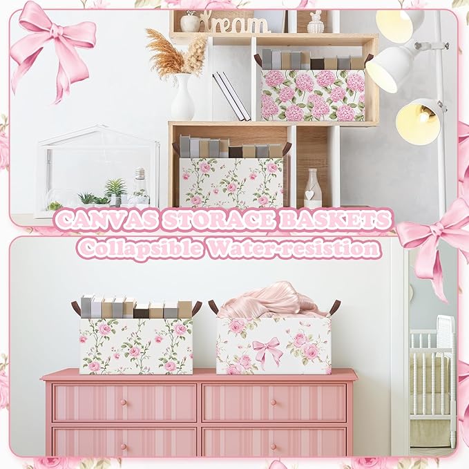 Boao 3 Pcs Pink Hydrangea Foldable Storage Baskets Pink Flower Laundry Basket with Handles Waterproof Storage Bins Fabric She