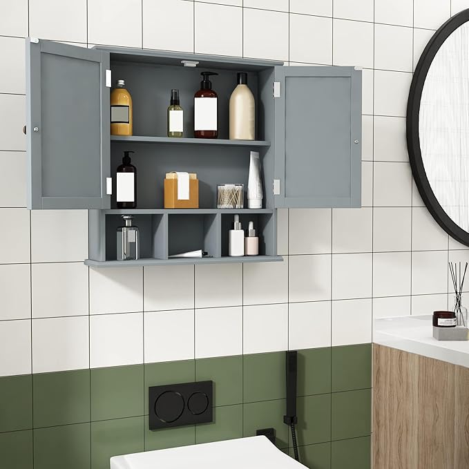 ChooChoo Bathroom Cabinet Wall Mounted 2-Door with 3 Open Shelves, Wooden Medicine Cabinets with Adjustable Shelf, Space Save