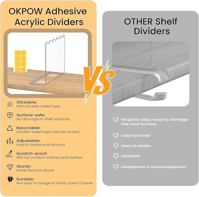 OKPOW Acrylic Shelf Dividers for Closet Organization - 10" Tall X 12" Deep Easy Installation Clothes Purses Organizer - Space