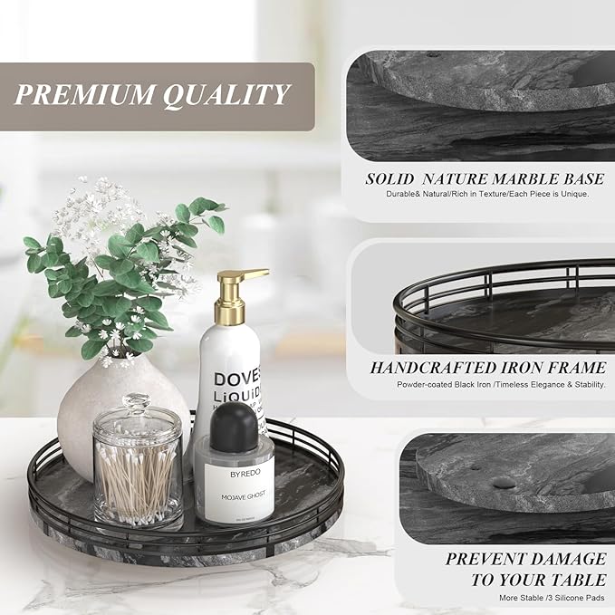 Marble Lazy Susan Turntable for Table Top – 10” Round Ancient Wood Grain Marble Tray Organizer for Dining Table, Kitchen Coun