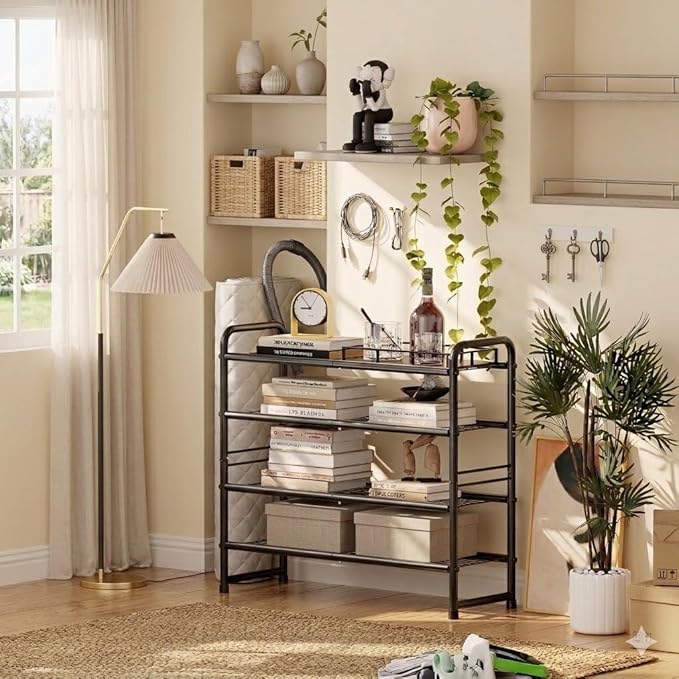 4 Tier Shoe Rack, 32.5" Wide Stackable Sturdy Metal Shoe Shelf Storage Organizer with Height-Adjustable for Entryway, Closet,