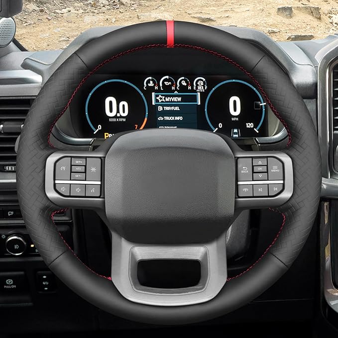 MEWANT DIY Black Smooth Woven Embossed Faux Leather Steering Wheel Cover for Ford F150 Lightning F350 2024 Expedition