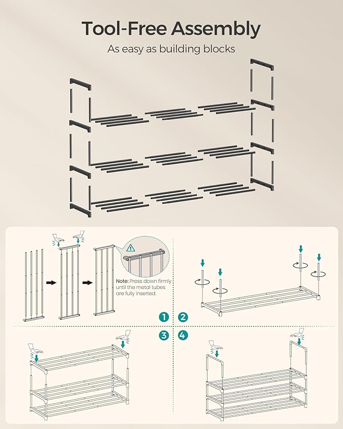 SONGMICS Shoe Rack, 3-Tier Shoe Organizer, Metal Storage Shelf, Upright or Upside Down, for 20-24 Pairs, Stackable, for Entry