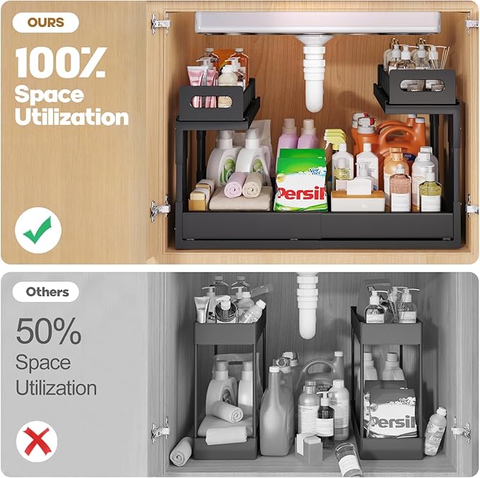 1 Pack Expandable Under Sink Organizers And Storage With Upgrade Ball-Bearing Slide Tracks,2-Tier Pull Out Under Cabinet Orga