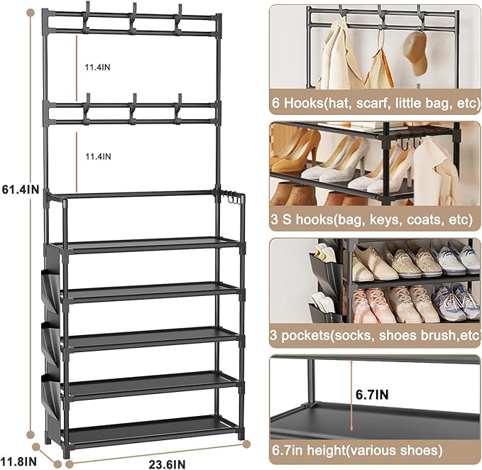 Shoe Rack 5 Tier Shoe Organizer Storage 15-20 Pairs Shoes Rack for Closet Entrance Shoe Rack Organizer with Hooks and Side Po