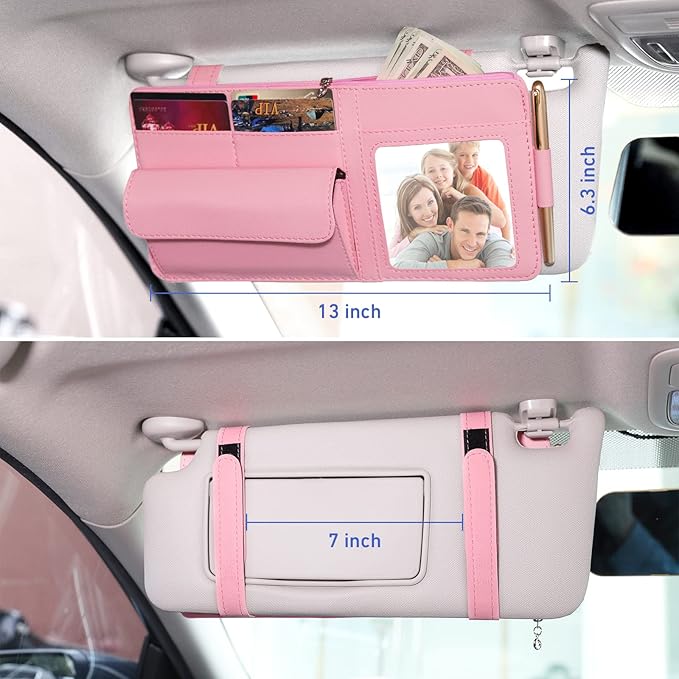 Car Visor Organizer for Auto Interior Accessories - Sunvisor Organizers with Glasses Holder and Picture Frame, Cute Visor Accessories for Women, Car Essentials for Truck You Must Have - Pink