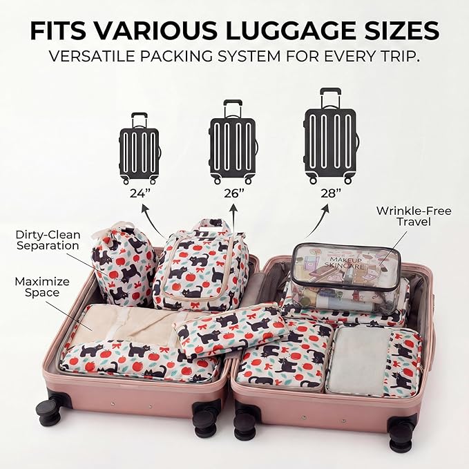8 Set Packing Cubes for Travel with Clear Toiletry Bag, Durable Luggage Packing Organizers, Carry-On Accessories, TSA Approve