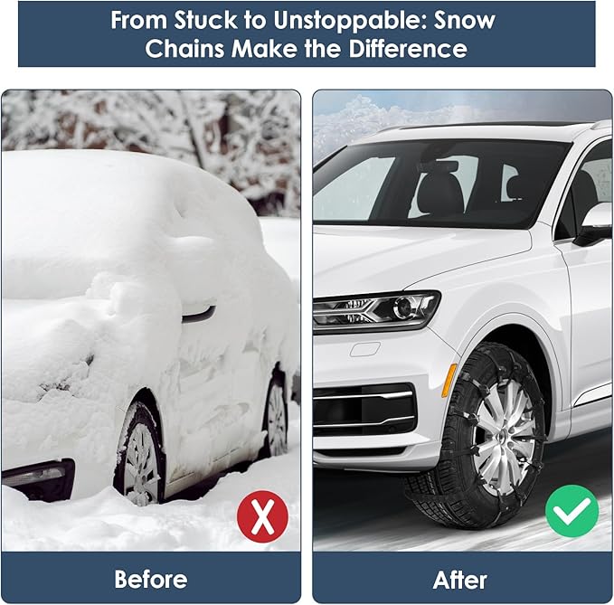 Qoosea Snow Chains Tire Chains for Car, Trucks, SUV Universal Emergency Snow Tire Chains, Adjustable Anti-Slip Tire Cables & 