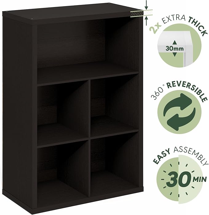 Furinno Cubicle Book Shelf, 5-Cube Bookshelf, Extra Thick Frame Cube Storage Organizer Bookcase with Closed Back, 15.3 x 29.9