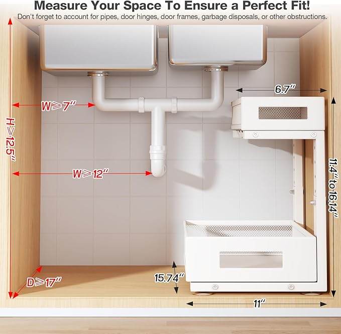 2-Pack Under Sink Storage Organizer, Large 2-Tier Elegant Mesh Pull Out Shelf for Kitchen and Bathroom Cabinet Organization, 