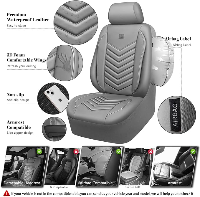 CAR PASS 3D Foam Faux Leather Car Seat Covers Full Set, Waterproof Grey Leather Seat Cover for Cars, Luxury Universal Fit for