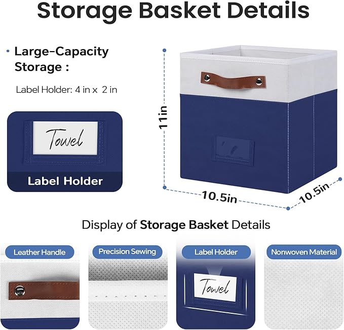 FinishingBo 6-Pack Storage Cubes with Handles & Label Holders Basket, Closet Cube Home Organizer Bins(White/Blue, 10.5 * 10.5