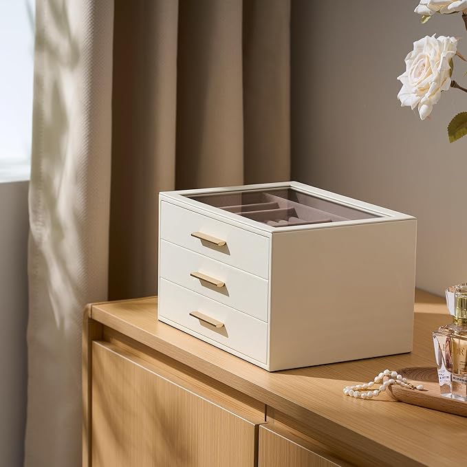 pickpiff Jewelry Box Organizer Case for Women: 3-Layer Jewelry Storage Case with Glass Window, Ivory Leather with Pink Velvet