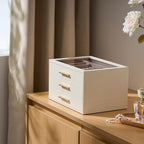 pickpiff Jewelry Box Organizer Case for Women: 3-Layer Jewelry Storage Case with Glass Window, Ivory Leather with Pink Velvet