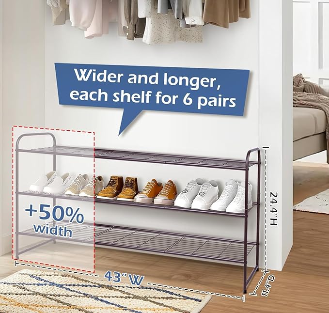 KEETDY Long 3 Tier Shoe Rack for Closet Wide Shoe Storage Organizer Stackable Metal Shoe Shelf for 24 Pairs Men Sneakers with