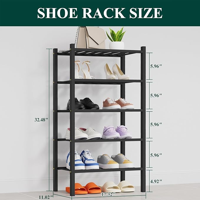 Smiry Shoe Rack, 5 Tier Thick Small Bamboo Shoe Organizer, Stackable Free Standing Wooden Shoe Storage Shelf for Closet, Entr