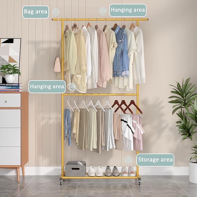 Sywhitta Double Rod Clothing Garment Rack, Rolling Clothes Organizer on Wheels for Hanging Clothes, Easy to Assemble, Adjusta