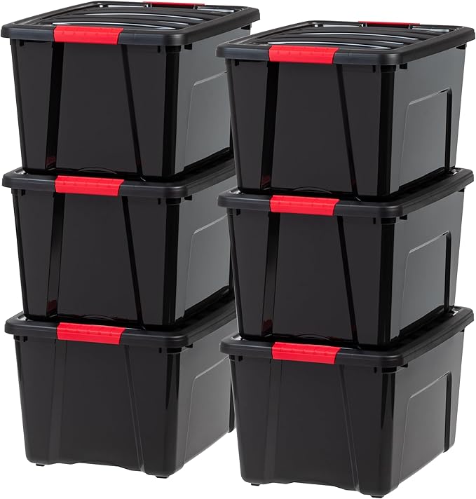 IRIS USA 40 Qt Stackable Plastic Storage Bins with Lids, 6 Pack - BPA-Free, Made in USA - Garage Organizing Solution, Latches