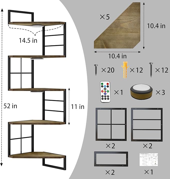 Corner Floating Shelves with Lights - 5 Tiers Corner Shelf Wall Mounted, Bookshelf with LED Light, Floating Shelves for Wall,