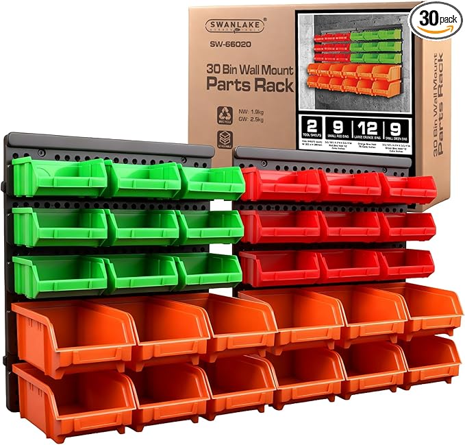 SWANLAKE GARDEN TOOLS 30-Bin Wall-Mounted Storage Bins, Heavy-Duty Garage Tool Organizer for Screws, Nuts, Bolts, Nails, Smal
