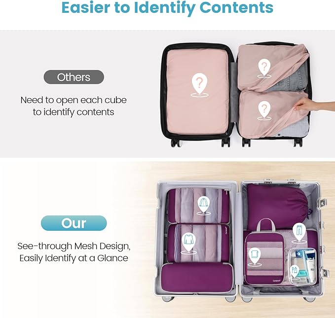 Cambond Compression Packing Cubes - 7 Piece See Through Mesh Packing Cubes for Travel with Underwear Laundry Makeup Bag, Expa