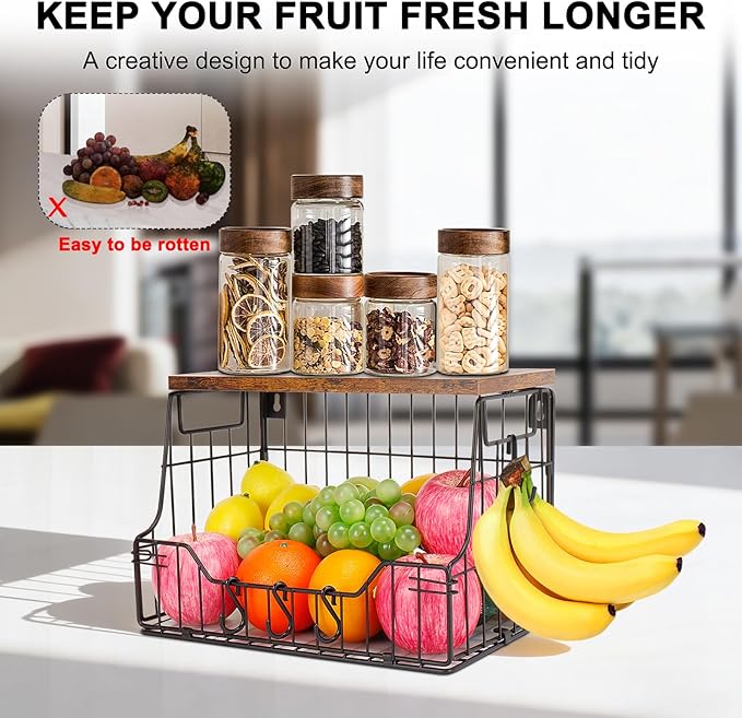 Livabber Fruit Basket for Kitchen, Metal Fruit Vegetable Storage Bin with 2 Banana Hangers, Countertop Wire Basket Organizer 