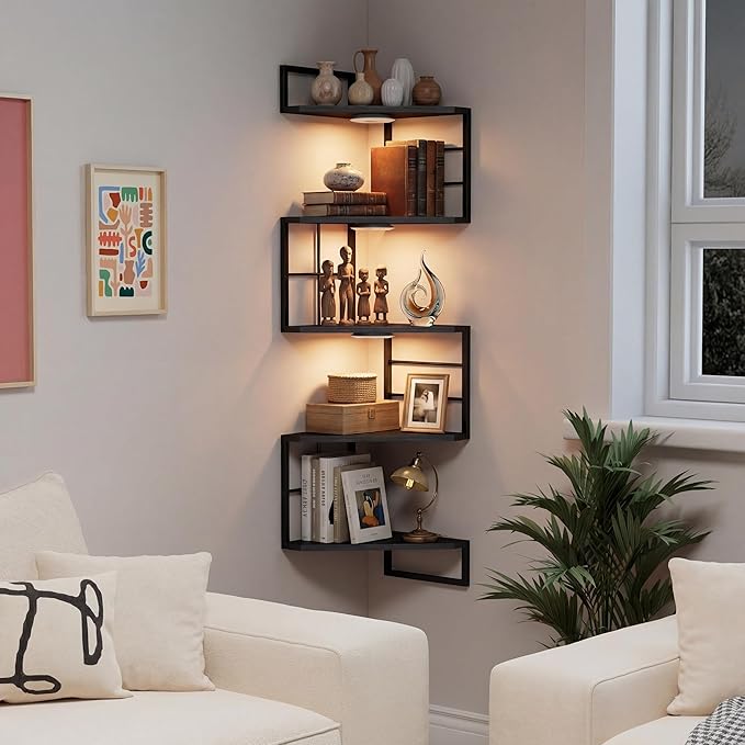 Corner Floating Shelves with Lights - 5 Tiers Corner Shelf Wall Mounted, Bookshelf with LED Light, Floating Shelves for Wall,