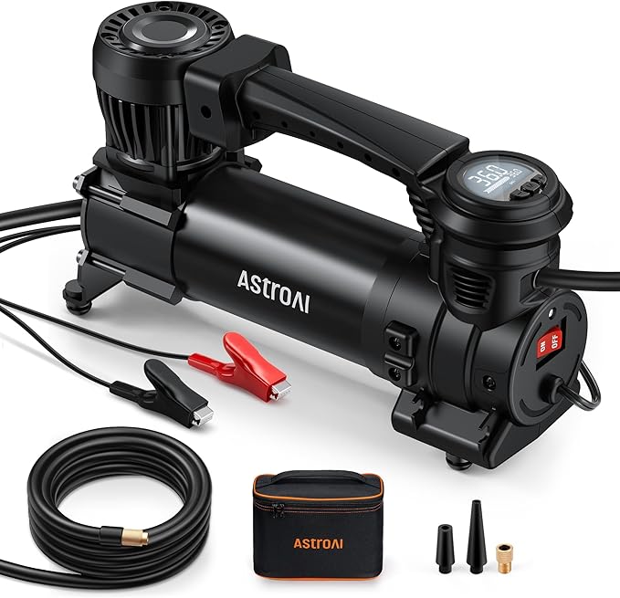 AstroAI T4 Heavy-Duty Air Compressor Truck Tire Inflator with 1.97CFM Auto Shutoff 12V, 120PSI Digital Screen with Alligator Clips, LED Light for Pickup, Truck, SUV RV for Up to 33 Inch Tires